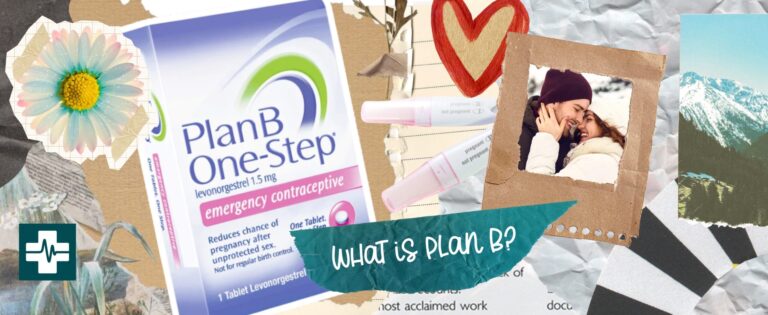 collage featuring plan b, pregnancy tests, a couple in love in mountain town