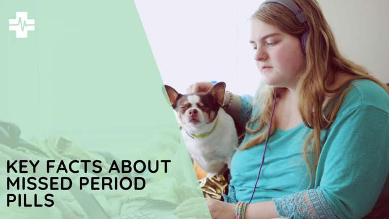 woman looks at computer, title "key facts about missed period pills"